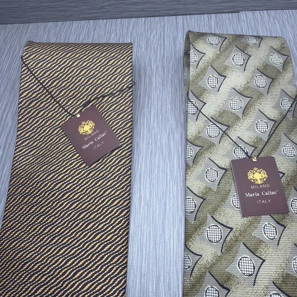 Maria Callas Silk Necktie Lot of 2 NWT Brown Gold Geometric Made in Italy